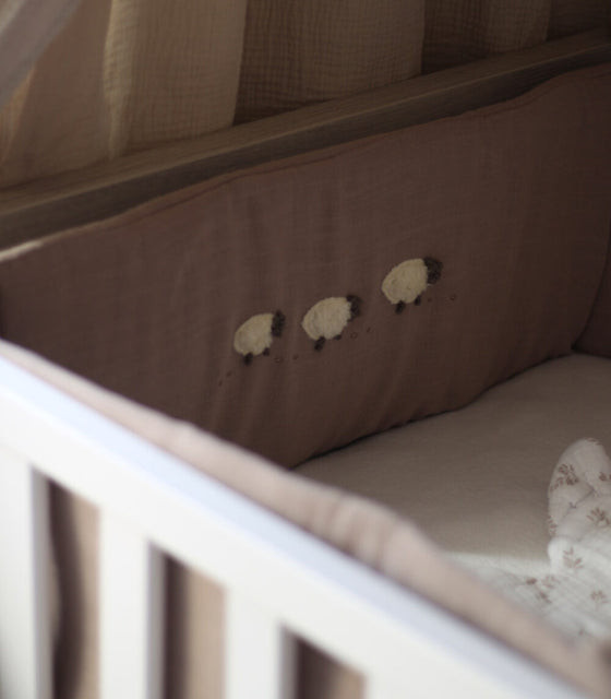 Soft and Elegant Bed Bumper 190 × 28 cm in Taupe with Handcrafted Sheep Embroidery