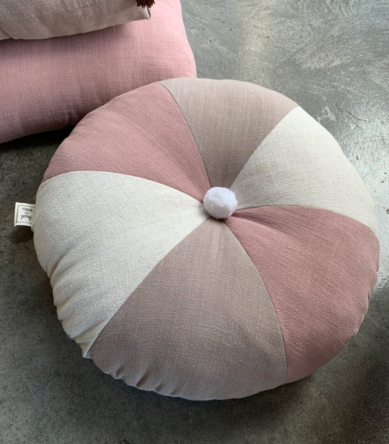 Round Patchwork Pillow with Fluffy Pom-Pom – Soft Linen & Viscose Cushion